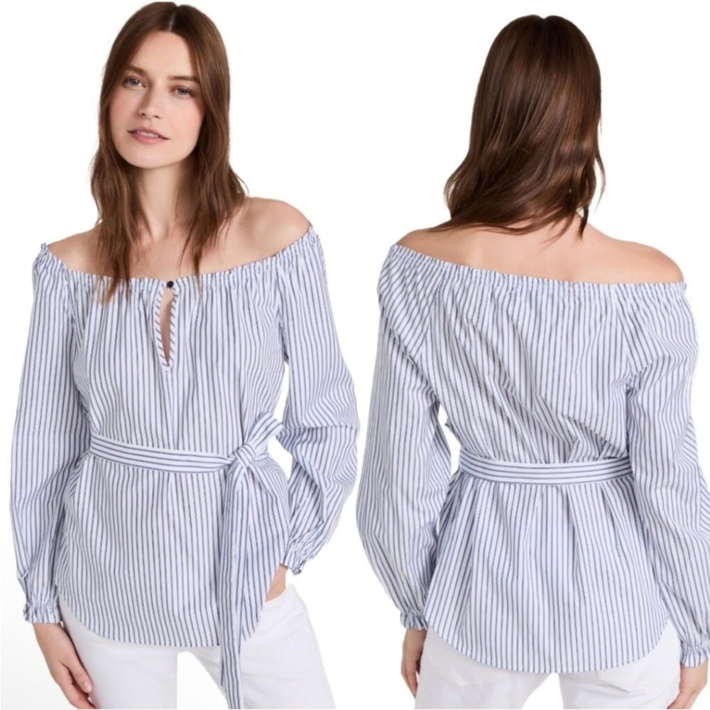 Rag & Bone Sierra Off-Shoulder Striped Top Large Cotton Blue White Boho Chic - Picture 1 of 5